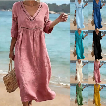 👗【S-3XL】Divatos nyári pamut-len ruha V-nyakkal, légáteresztő, kényelmes és karcsúsító fazonnal.