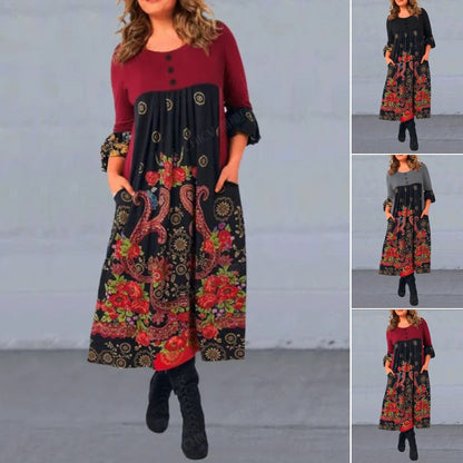 ⏳ Último día – 50% de descuento【S-5XL】👗Nuevo vestido casual de manga larga con estampado retro para otoño/invierno