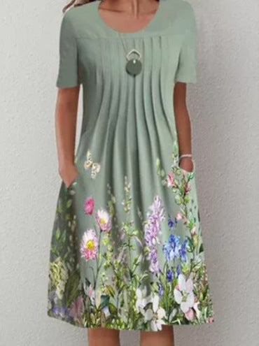 👗【40-100KG】Letní módní šaty s kulatým výstřihem a potiskem, prodyšné, pohodlné a zeštíhlující