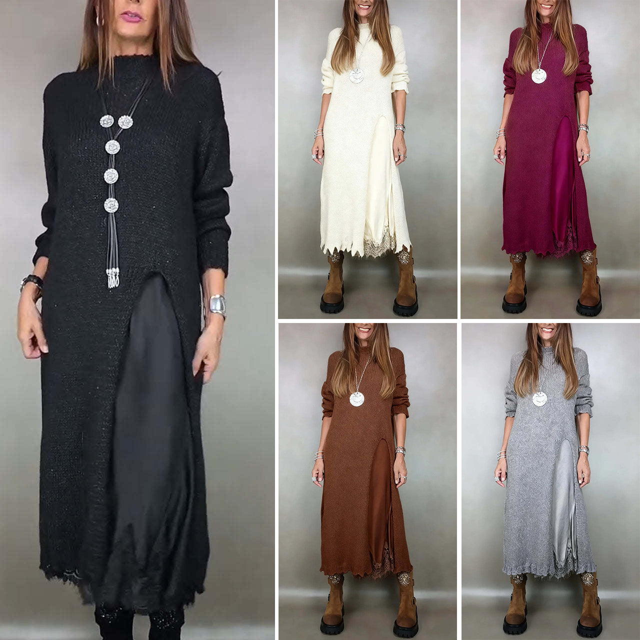 👗Zadnji dan 50% popusta✨【XS-3XL】Novi čipkasti komplet, s prorezima, pulover dizajn, dvo-dijelni komplet haljina-pulover s trakicama i prorezom