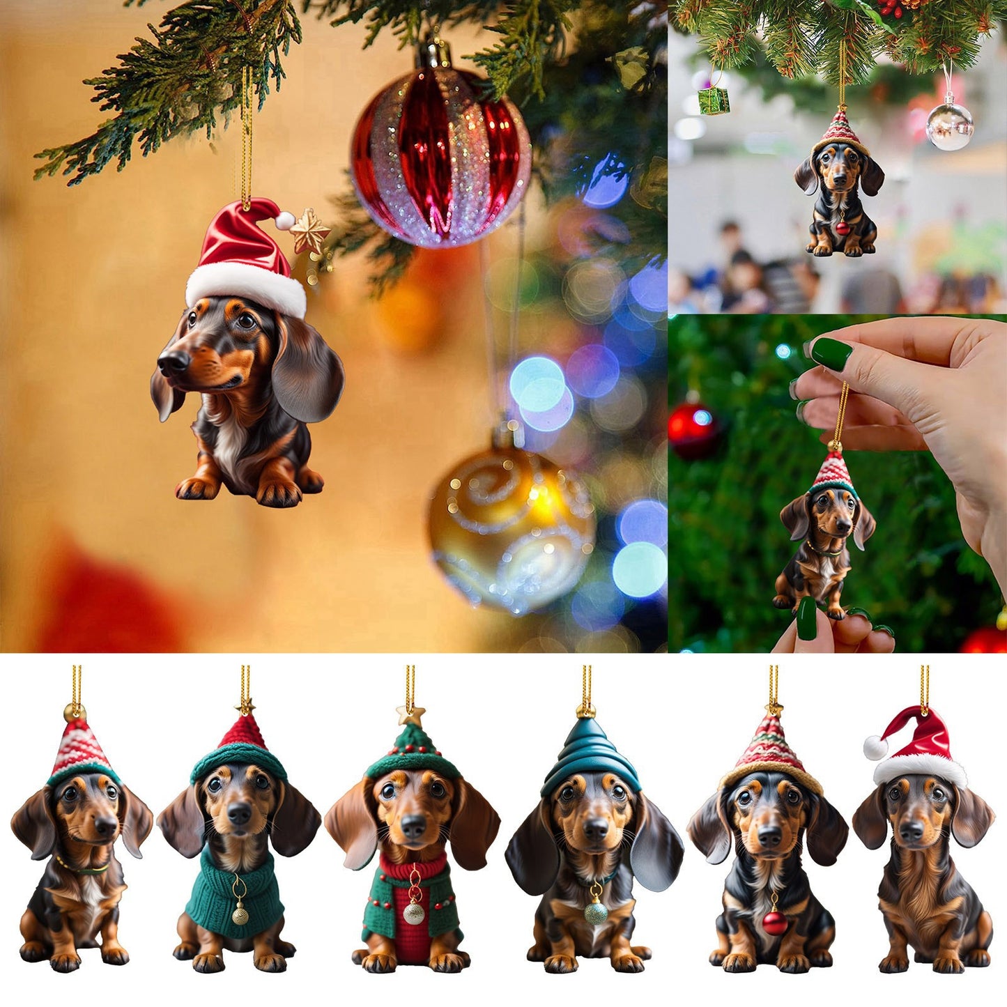 🎅 Adornos navideños【🐶7 bucăți】🎄Adornos navideños para árbol de Navidad con forma de perro salchicha, colgantes para decoración de coche