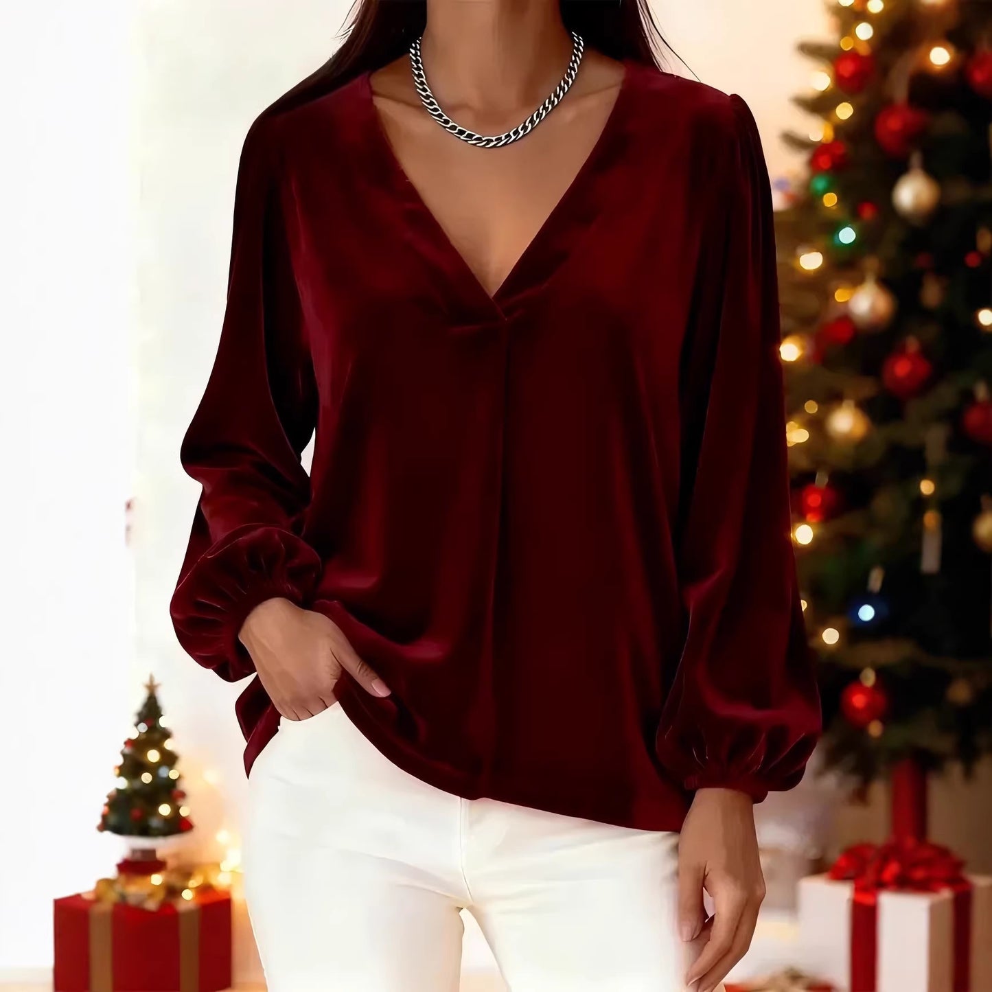 🥰 [S-3XL] Κομψό βελούδινο τοπ με V λαιμόκοψη, μοντέρνο και άνετο
