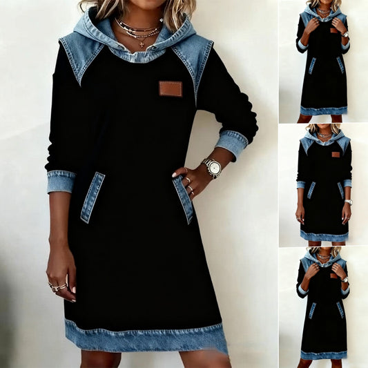 🔥【Más vendido】Nuevo vestido vaquero patchwork de invierno con capucha