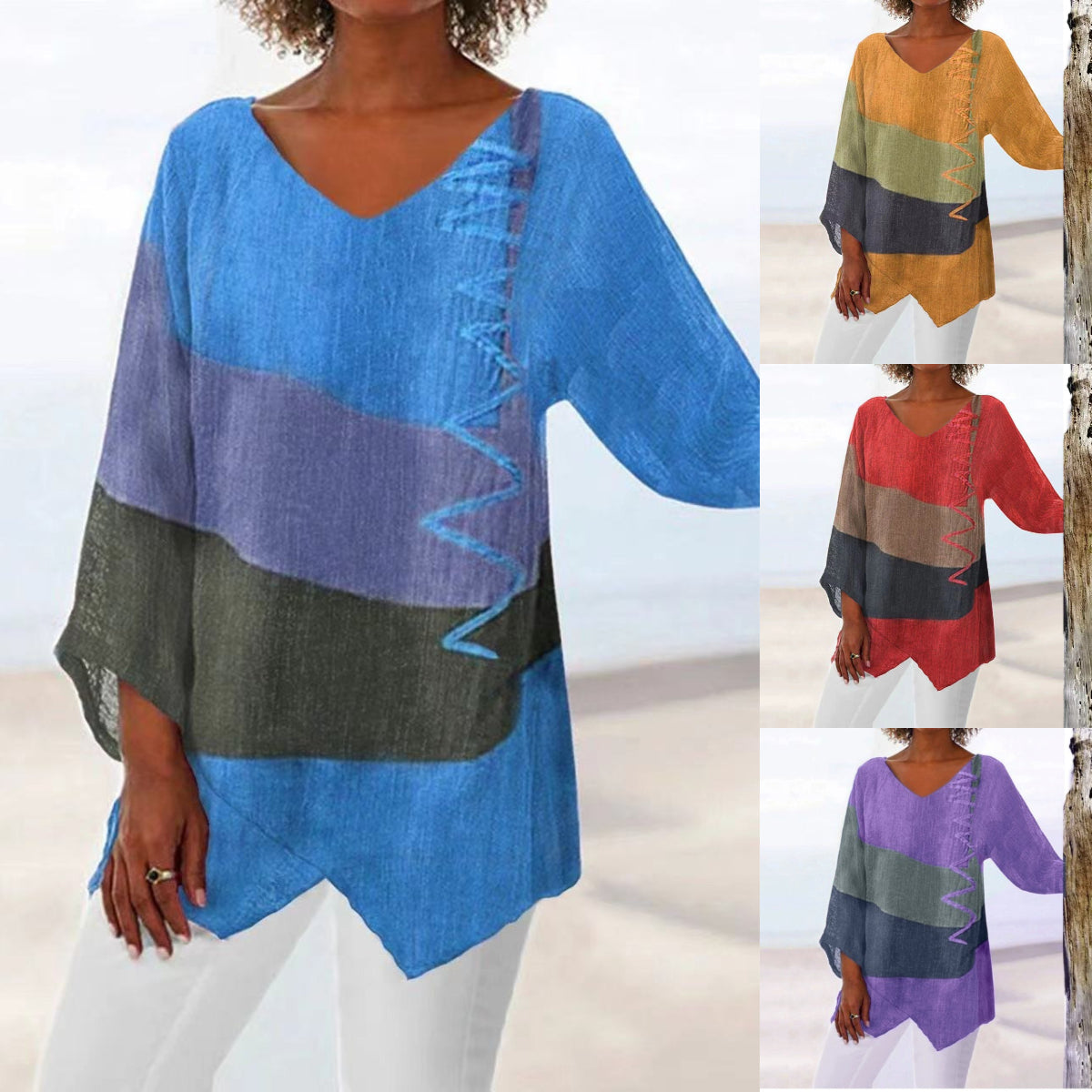 ⏳✨ Utolsó nap – 50% kedvezmény ✨【S~5XL】😍 Női elegáns hétköznapi felső: V-nyakú, hosszú ujjú, művészi mintás nyomat