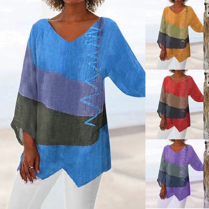 ⏳✨ Utolsó nap – 50% kedvezmény ✨【S~5XL】😍 Női elegáns hétköznapi felső: V-nyakú, hosszú ujjú, művészi mintás nyomat