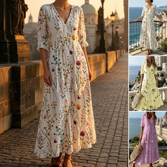 👗【S-3XL】Letnia modna sukienka z dekoltem w serek i nadrukiem, przewiewna, wygodna i wyszczuplająca.