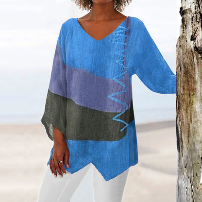 ⏳✨ Utolsó nap – 50% kedvezmény ✨【S~5XL】😍 Női elegáns hétköznapi felső: V-nyakú, hosszú ujjú, művészi mintás nyomat
