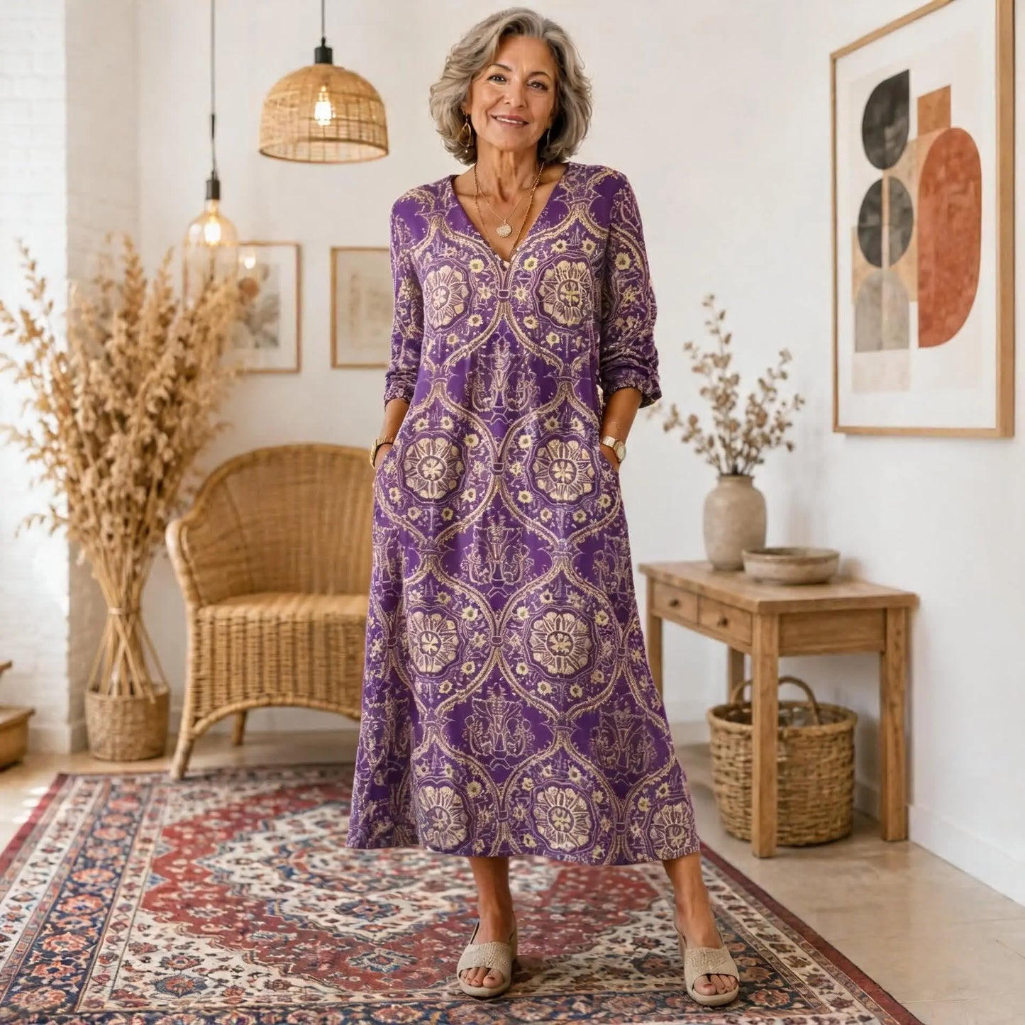 ✨Poslední den 50% sleva 【S–5XL】 Dámské velké velikosti, módní vzorované šaty s výstřihem do V, pohodlný materiál, snadné nošení