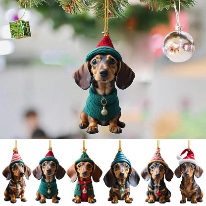 🎅 Adornos navideños【🐶7 bucăți】🎄Adornos navideños para árbol de Navidad con forma de perro salchicha, colgantes para decoración de coche