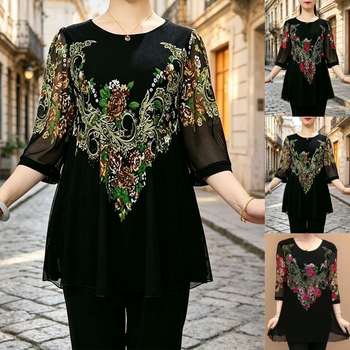 💕Letní speciální nabídka【L–5XL】Dámské elegantní tričko s vintage potiskem pro zralé ženy.