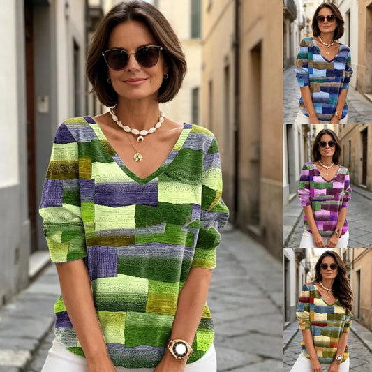 ✨Poslední den – sleva 50 %【S–5XL】Dámský módní vzorovaný top s výstřihem do V, vypasovaný, pohodlný a prodyšný.