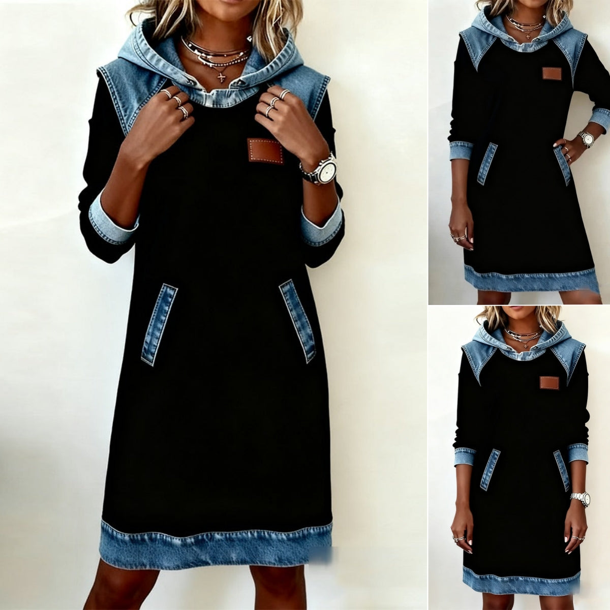 🔥【Más vendido】Nuevo vestido vaquero patchwork de invierno con capucha