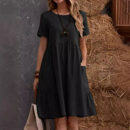 👗💖💖 [S–5XL méretek] 2026 Újdonság: Női pamut-lenvászon ruha — Kerek nyakú, bő szabású, nagy zsebekkel