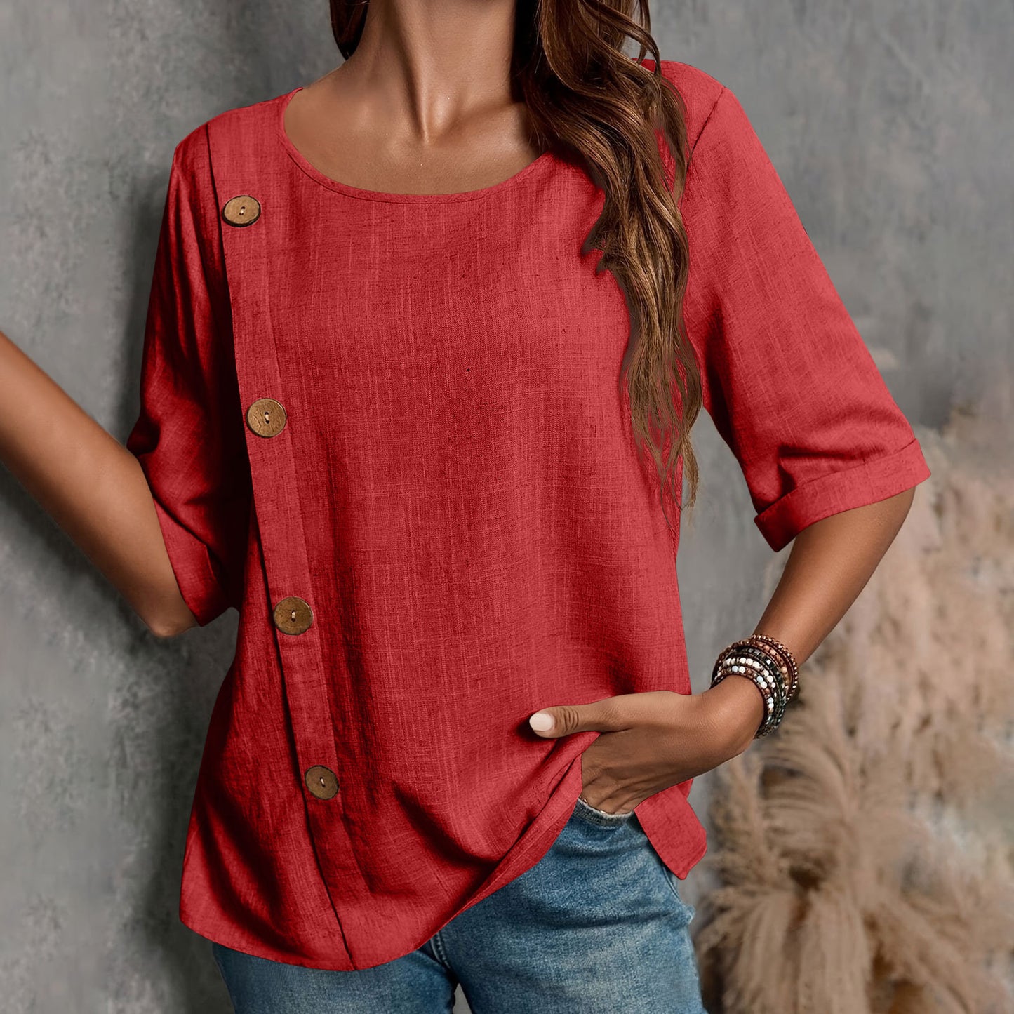 ⏳ 50% zniżki ✨【S-2XL】Nowa letnia wygodna koszulka bawełniano-lniana, przewiewna i nieprzyklejająca się do ciała, z okrągłym dekoltem. 👚
