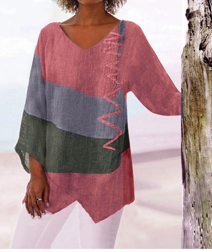 ⏳✨ Utolsó nap – 50% kedvezmény ✨【S~5XL】😍 Női elegáns hétköznapi felső: V-nyakú, hosszú ujjú, művészi mintás nyomat