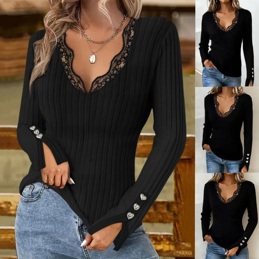 🔥【M-5XL】Νέο εφαρμοστό τοπ με V λαιμόκοψη και δαντέλα, μοντέρνο και άνετο
