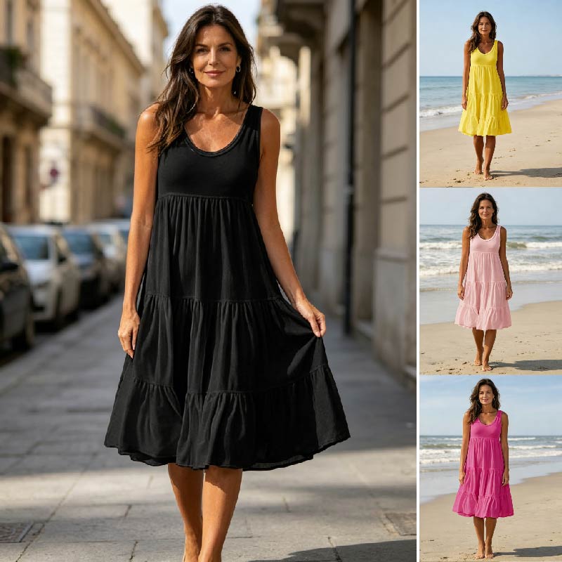 👗【S-5XL】Elegantní letní jednobarevné šaty s kulatým výstřihem, pohodlné a prodyšné, ležérní a módní.