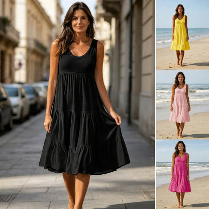 👗【S-5XL】Elegantní letní jednobarevné šaty s kulatým výstřihem, pohodlné a prodyšné, ležérní a módní.