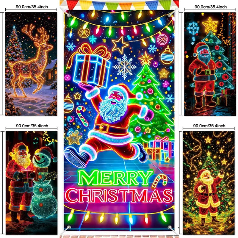 🎅【Compra uno y llévate otro】🎄 Pancarta navideña fluorescente UV para puerta/fondo/decoración para fiestas navideñas/tela decorativa navideña colgante