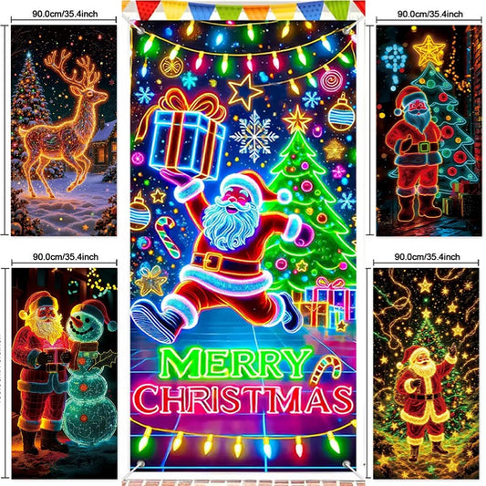 🎅【Compra uno y llévate otro】🎄 Pancarta navideña fluorescente UV para puerta/fondo/decoración para fiestas navideñas/tela decorativa navideña colgante