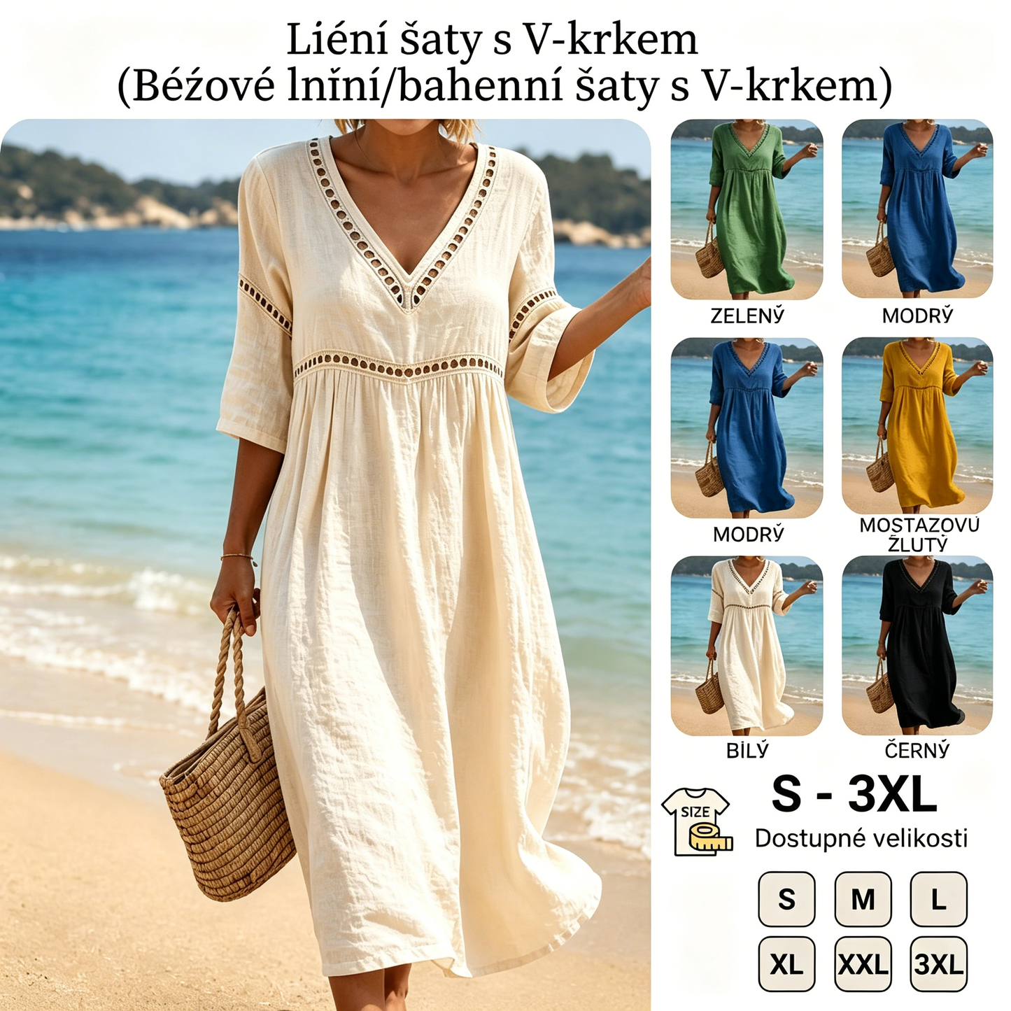 👗【S-3XL】Letní módní bavlněno-lněné šaty s výstřihem do V, prodyšné, pohodlné a zeštíhlující