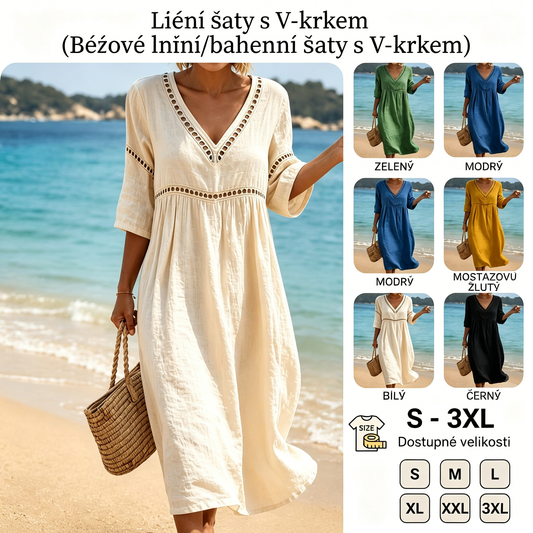 👗【S-3XL】Divatos nyári pamut-len ruha V-nyakkal, légáteresztő, kényelmes és karcsúsító fazonnal.