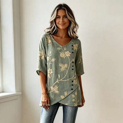 ✨Speciální nabídka na novinku【S-3XL】– Pohodlný letní top z bavlny a lnu s výstřihem do V, lichotivý střih a snadné kombinování.