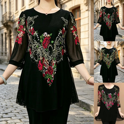 💕Letní speciální nabídka【L–5XL】Dámské elegantní tričko s vintage potiskem pro zralé ženy.