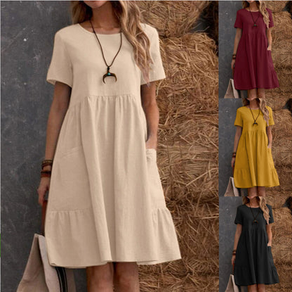 👗💖💖 [S–5XL méretek] 2026 Újdonság: Női pamut-lenvászon ruha — Kerek nyakú, bő szabású, nagy zsebekkel