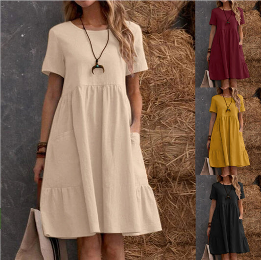 👗💖💖 [S–5XL méretek] 2026 Újdonság: Női pamut-lenvászon ruha — Kerek nyakú, bő szabású, nagy zsebekkel