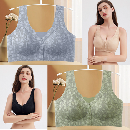 😍【40–90 κιλά】Γυναικείο λεπτό, διαπνέον σουτιέν από δαντέλα, με μπροστινό κούμπωμα, ώριμο στυλ