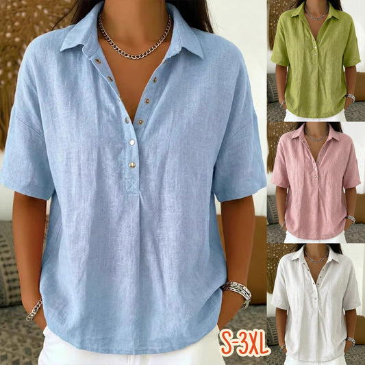 ⏳ Poslední den, sleva 50 %! ✨【S-3XL】Dámská bavlněná a lněná košile s krátkým rukávem, úzký střih, všestranná, prodyšná, pohodlná a bezstarostná.