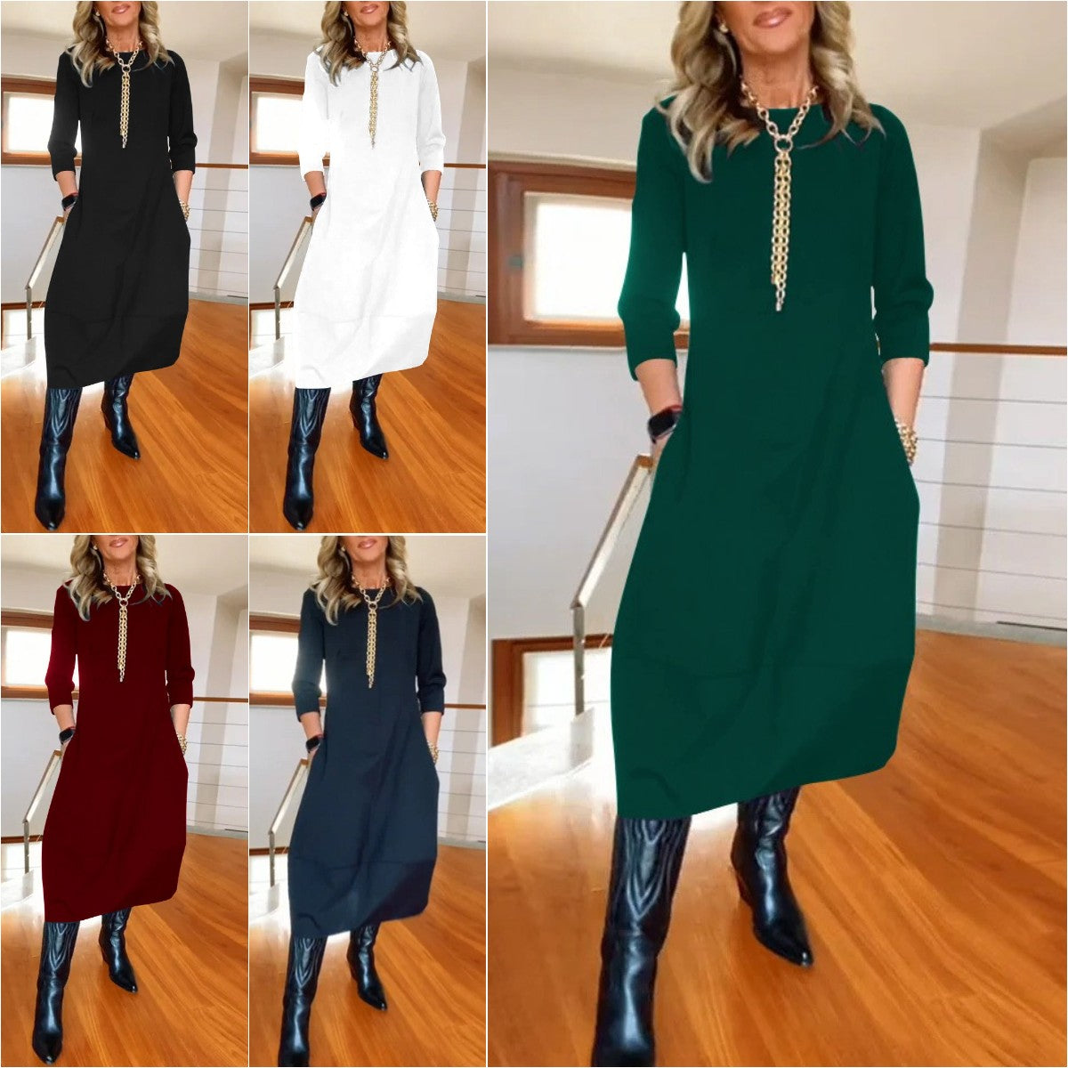 Ostatni dzień – 50% zniżki👗 【S-5XL】Elegancka jednokolorowa sukienka z długim rękawem, wygodna i praktyczna do codziennego noszenia