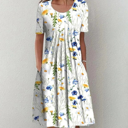 👗【40-100KG】Letní módní šaty s kulatým výstřihem a potiskem, prodyšné, pohodlné a zeštíhlující
