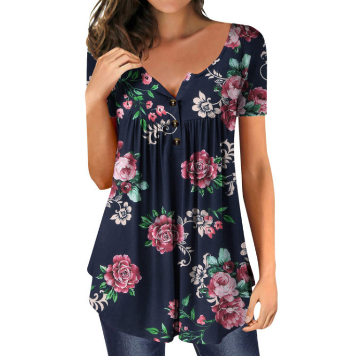 💕Letní speciální nabídka🔥【S–5XL】Dámské letní módní tričko s krátkým rukávem, výstřihem do V a potiskem – prodyšné, pohodlné a lichotící postavě.