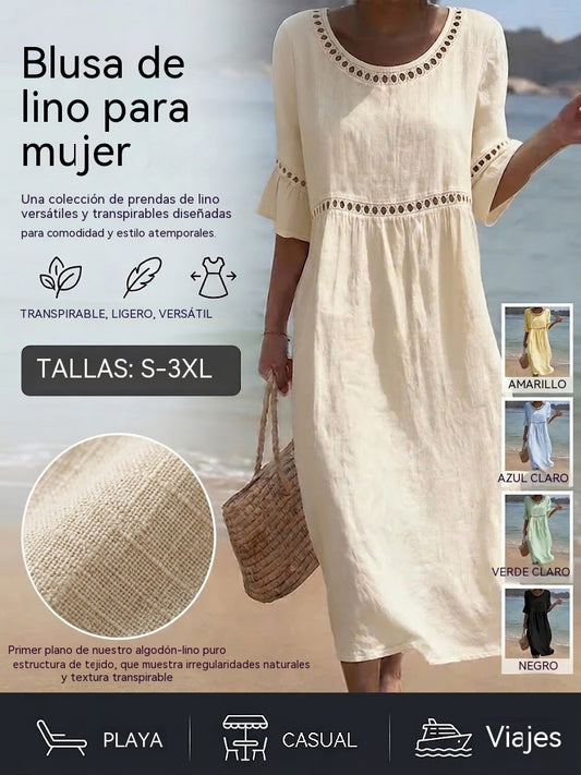 ✨【S–3XL】Vestido ajustado de algodón y lino para mujer con cuello redondo y mangas abullonadas, transpirable, suave y cómodo de llevar