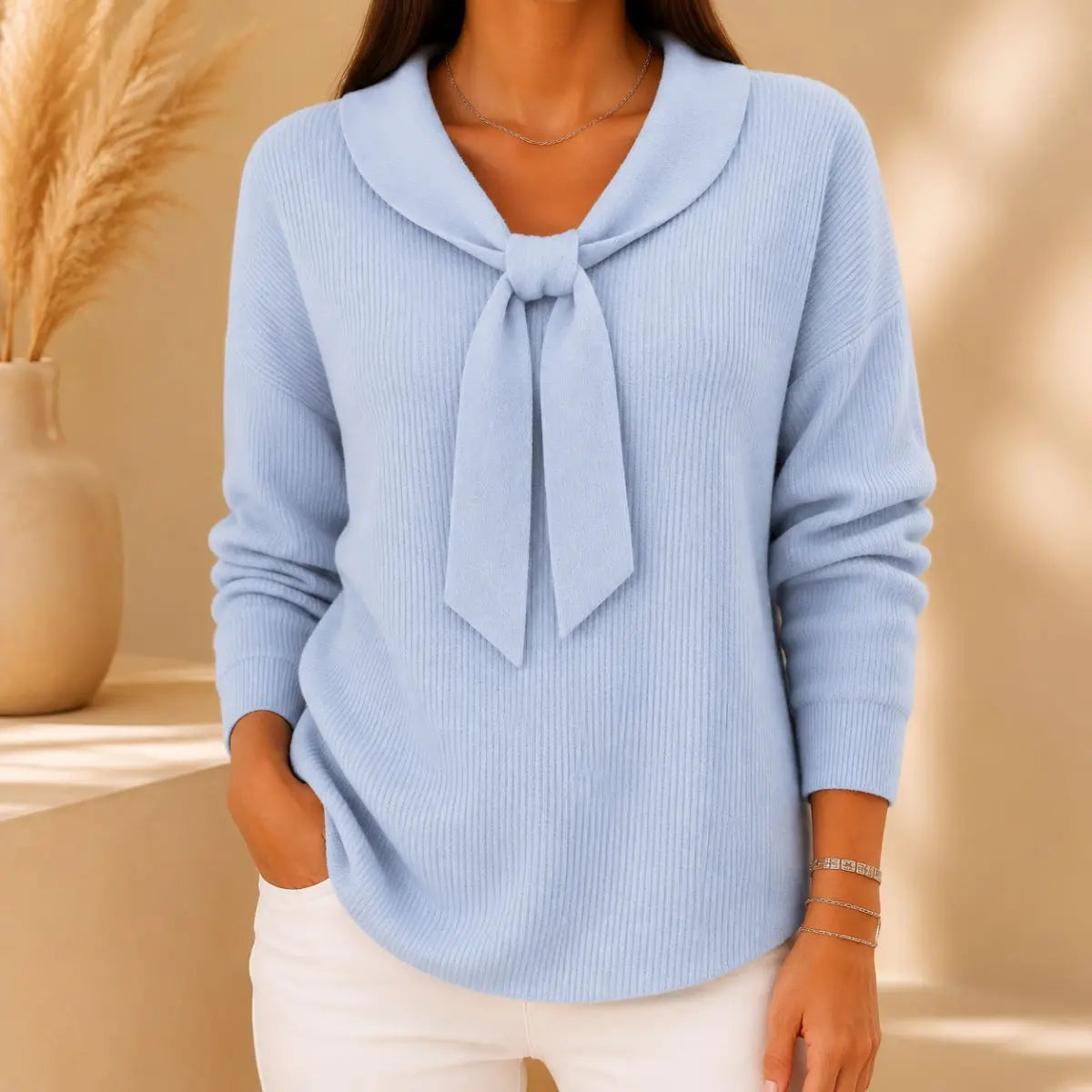 🎀🌟【S-2XL】Ženski enobarvni pulover z dolgimi rokavi in detajlom za zavezovanje