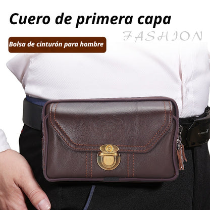 👜 Nuevo bolso de cintura para hombre, corte horizontal, funda para teléfono celular de cuero de vaca con piel de grano completo