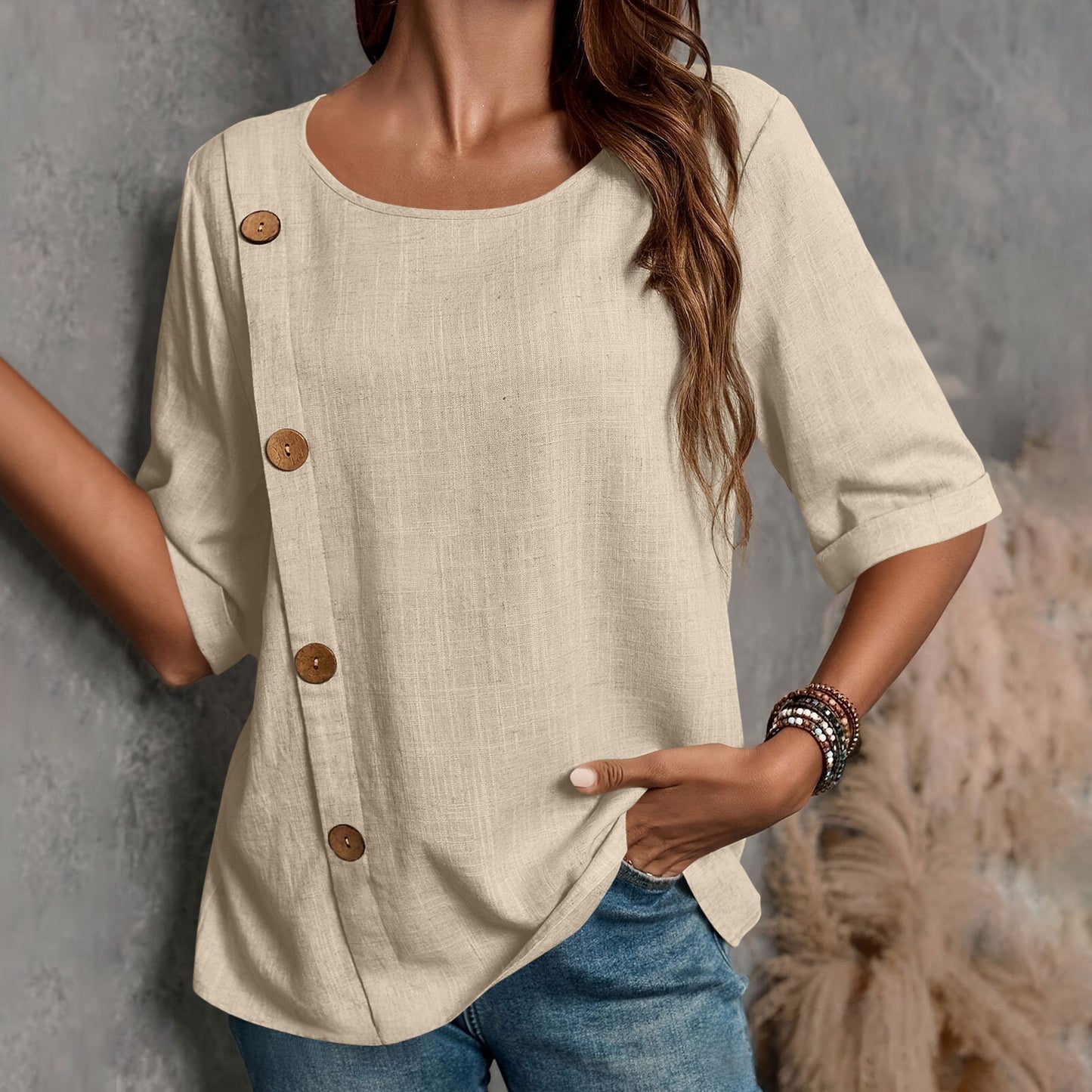 ⏳ 50% zniżki ✨【S-2XL】Nowa letnia wygodna koszulka bawełniano-lniana, przewiewna i nieprzyklejająca się do ciała, z okrągłym dekoltem. 👚