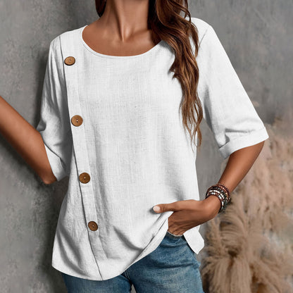 ⏳ 50% zniżki ✨【S-2XL】Nowa letnia wygodna koszulka bawełniano-lniana, przewiewna i nieprzyklejająca się do ciała, z okrągłym dekoltem. 👚