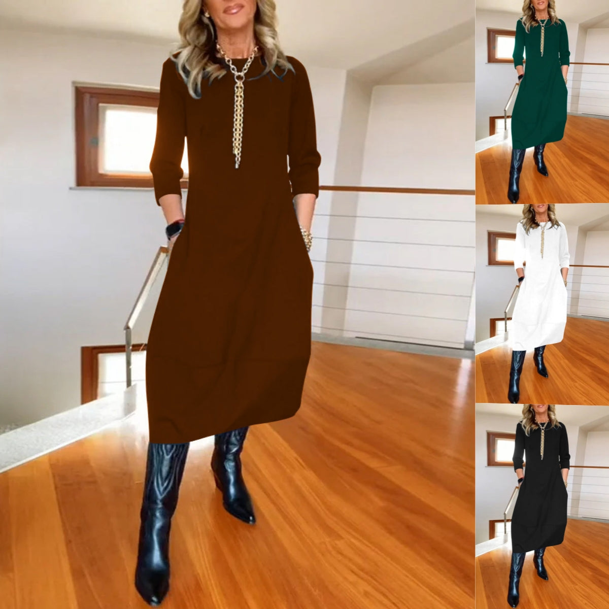 Ostatni dzień – 50% zniżki👗 【S-5XL】Elegancka jednokolorowa sukienka z długim rękawem, wygodna i praktyczna do codziennego noszenia