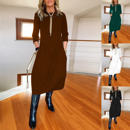 Ostatni dzień – 50% zniżki👗 【S-5XL】Elegancka jednokolorowa sukienka z długim rękawem, wygodna i praktyczna do codziennego noszenia