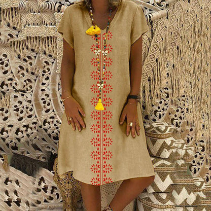 👗【S-5XL】Pamučna haljina s V-izrezom  3684065
