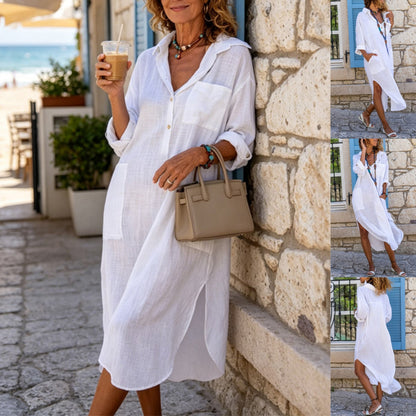 💕Letní speciální nabídka【S–2XL】Jednobarevné dámské lněno-bavlněné šaty – prodyšné, pohodlné a s elegantním přiléhavým střihem.