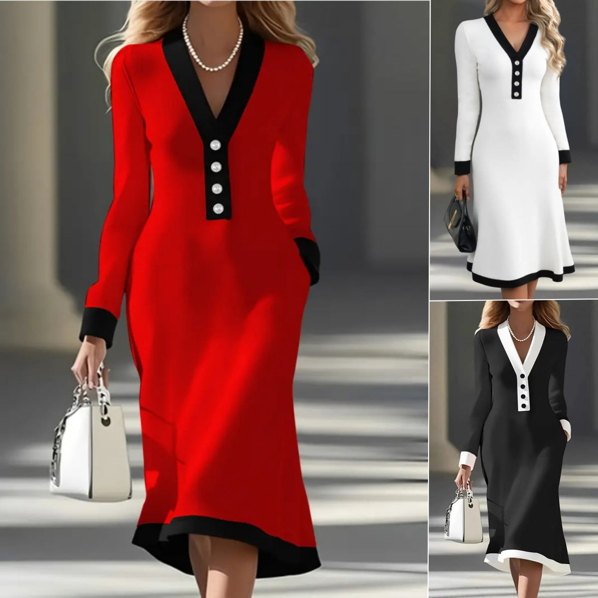 👗【S-3XL】Ženska jesensko-zimska haljina s kontrastnim V-izrezom