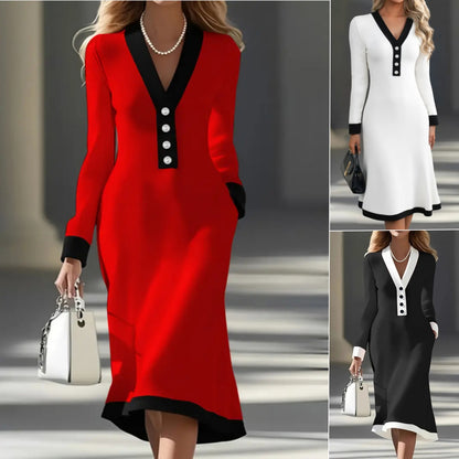 👗【S-3XL】Ženska jesensko-zimska haljina s kontrastnim V-izrezom