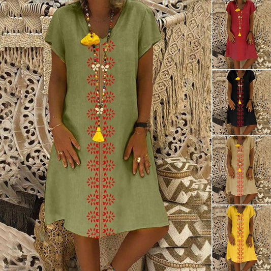 👗【S-5XL】Pamučna haljina s V-izrezom  3684065