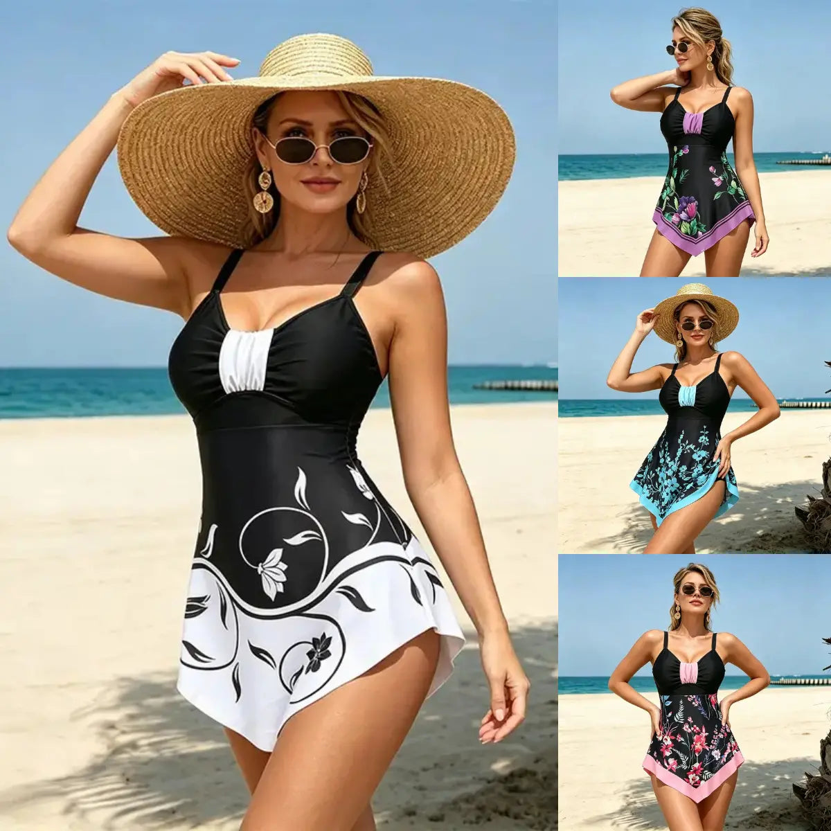 🏖️【S-5XL】Dvoudílné plavky s volnými šaty, modrý květinový potisk, elegantní střih s regulací bříška, pohodlné a prodyšné