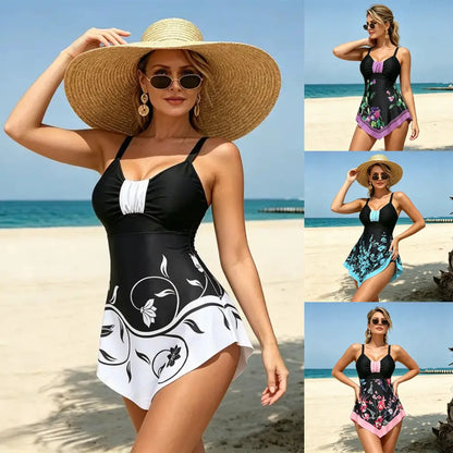 🏖️【S-5XL】Dvoudílné plavky s volnými šaty, modrý květinový potisk, elegantní střih s regulací bříška, pohodlné a prodyšné