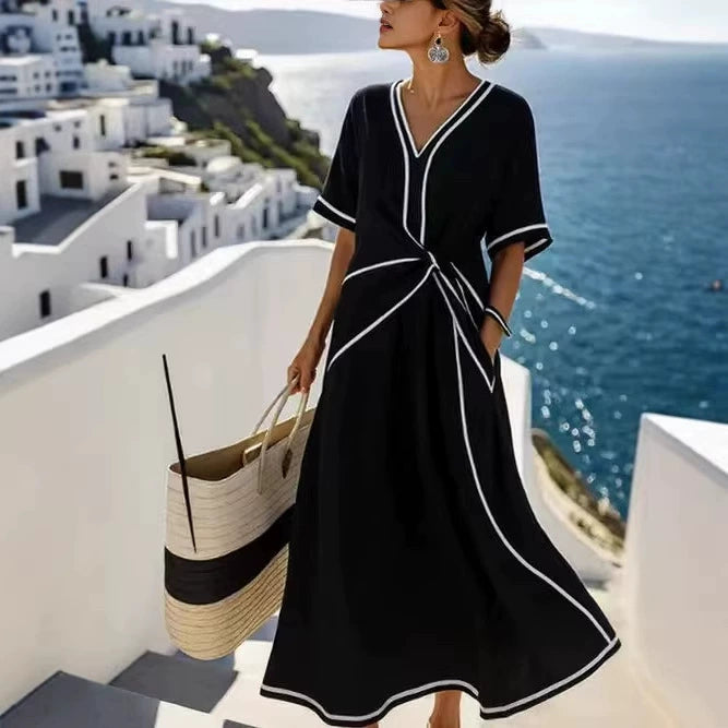 【S-3XL】Stílusos és elegáns, csíkos, V-nyakú ruha, kényelmes viselet, alkalmas nők számára munkába és nyaralásra egyaránt.